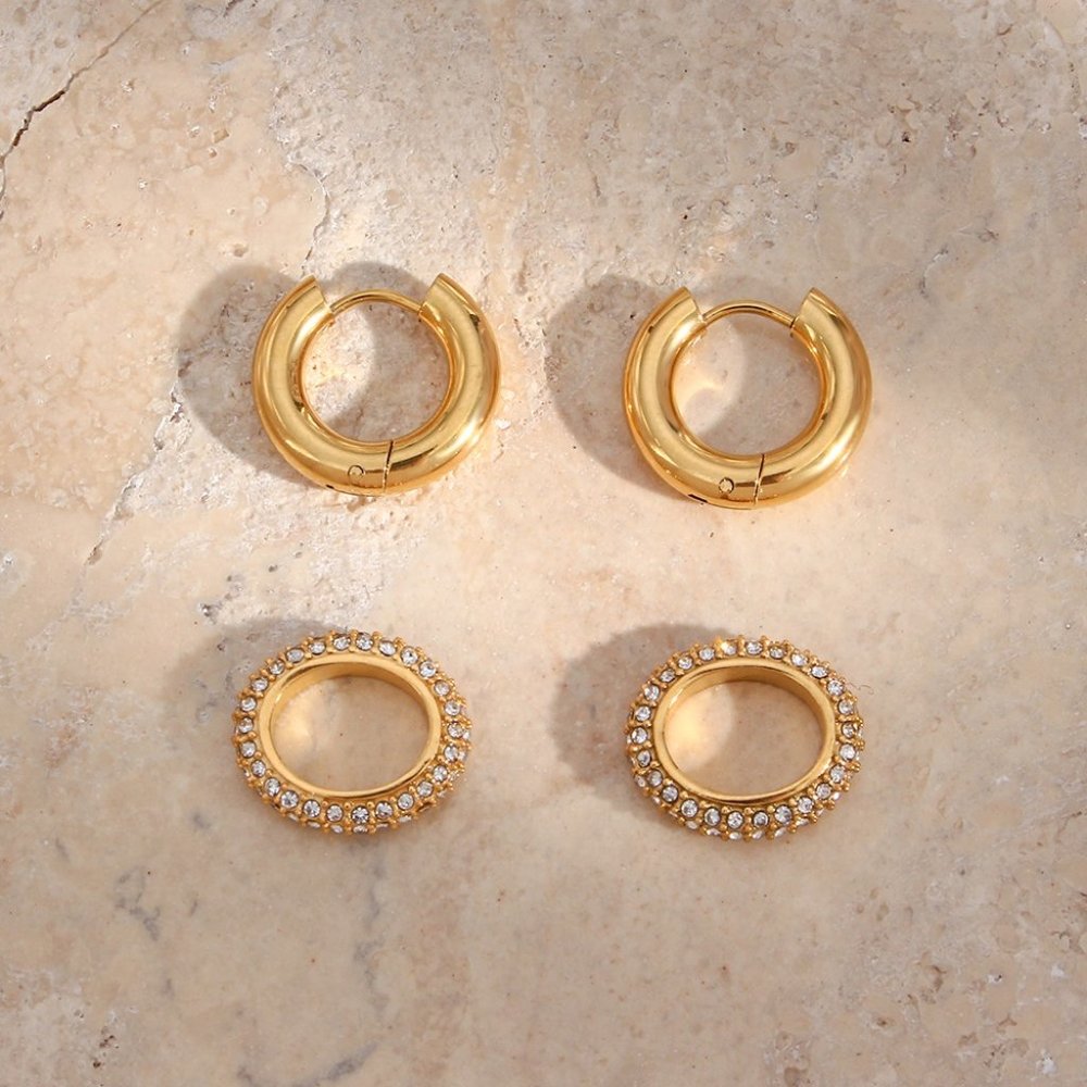 Chunky Micro Pave Zircon Double Hoop Earrings 18K Gold Plated Stainless Steel - Picture 7 of 10